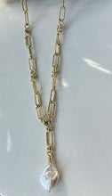 Load image into Gallery viewer, Gold Paperclip Necklace with Pearl Drop