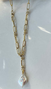 Gold Paperclip Necklace with Pearl Drop