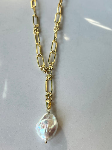 Gold Paperclip Necklace with Pearl Drop