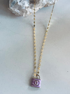 Gold Vintage Channel Purple Lock Necklace