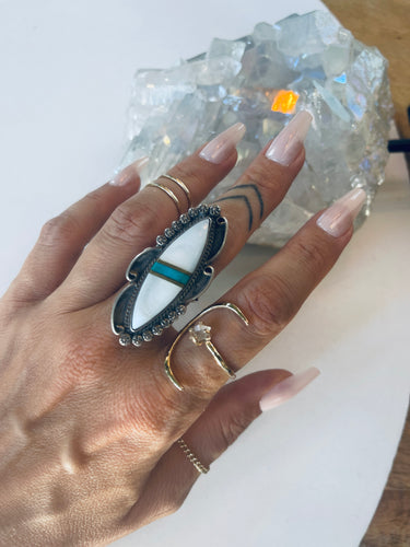 Size 8 Mother of Pearl and Turquoise Inlay Ring