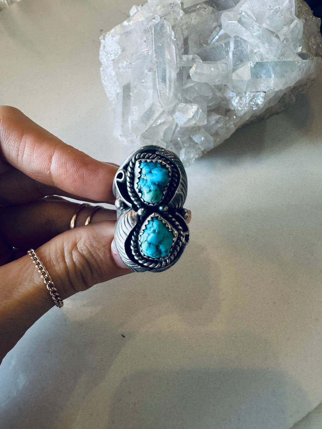 Size 9.5 Double Nugget Sterling and Turquoise Ring