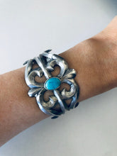 Load image into Gallery viewer, Vintage Sterling Silver and Turquoise Sandcast Cuff