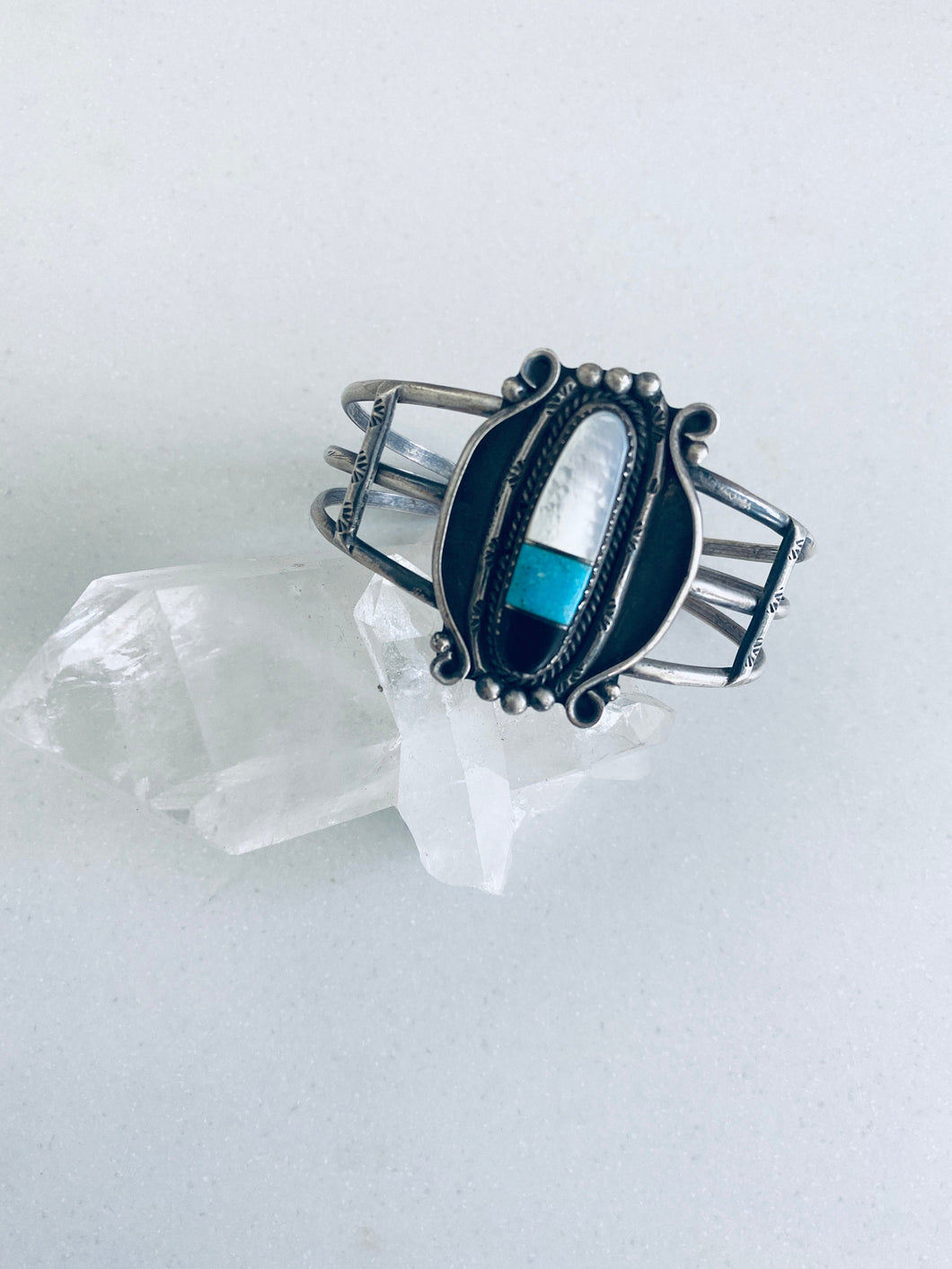 Boho Vintage Sterling Silver and Turquoise MOP and Onyx Cuff