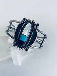 Boho Vintage Sterling Silver and Turquoise MOP and Onyx Cuff
