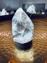 Load image into Gallery viewer, Clear Quartz Crystal Light on Wood Base