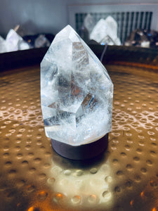 Clear Quartz Crystal Light on Wood Base