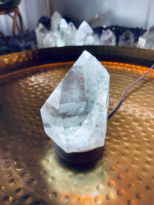 Clear Quartz Crystal Light on Wood Base