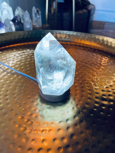 Clear Quartz Crystal Light on Wood Base