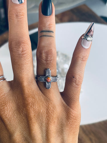Size 6 Sterling Silver and Spiny Oyster Zia Ring