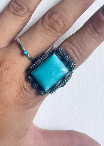Size 9.5 Stunning Sterling Silver and Genuine Turquoise Rectangle Ring