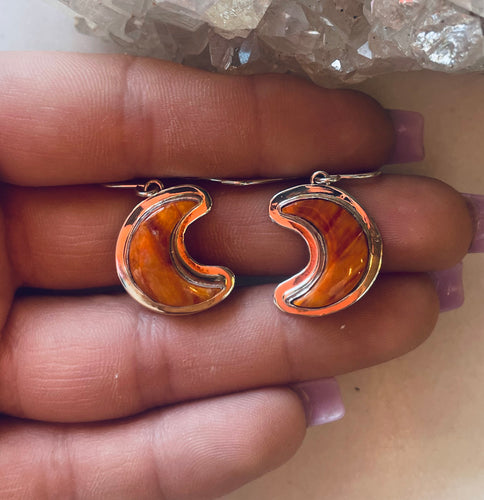 Sterling and Genuine Spiny Oyster Moon Earrings