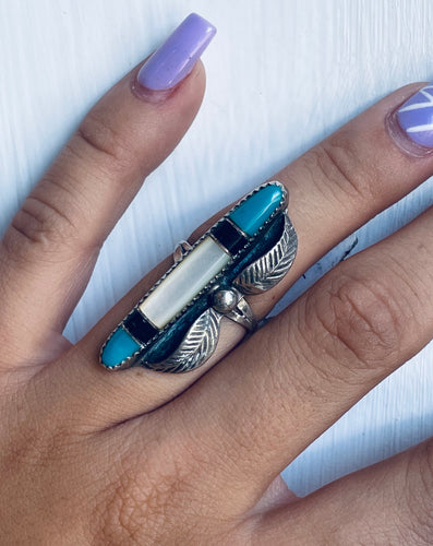 Size 7 Vintage Turquoise, MOP, Onyx and Sterling Silver Ring