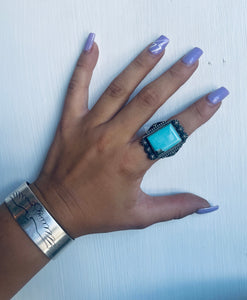 Size 9 Stunning Sterling Silver and Genuine Turquoise Rectangle Ring